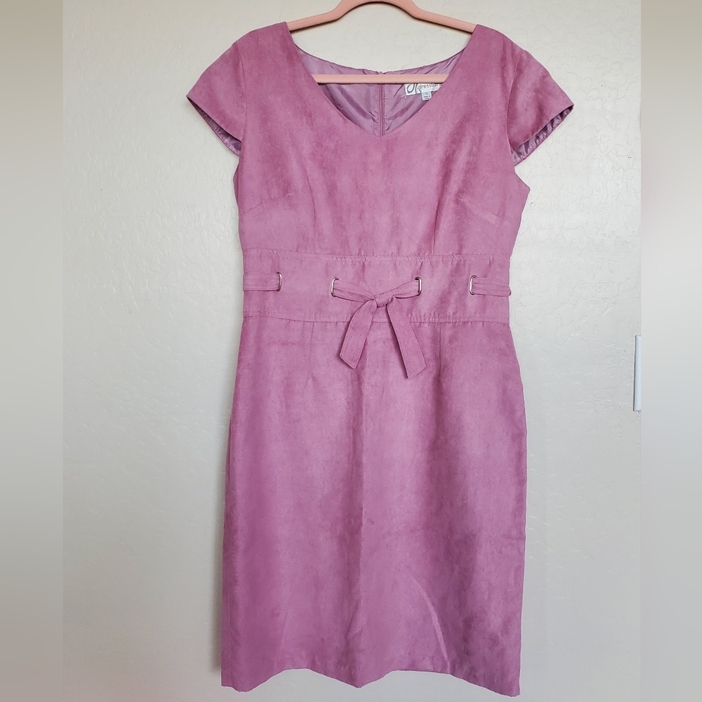 Dress Barn Pink Suede Short Sleeve Midi Dress Tie Front Women's Size 12